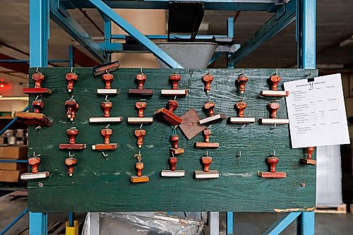 MIKE DEAL / FREE PRESS
A pegboard of rubber stamps.
Nutty Club warehouse and packaging facility at 130 Galt Avenue where everything is getting ready to be put up for auction.
240910 - Tuesday, September 10, 2024.