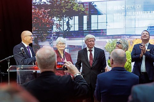 MIKE DEAL / FREE PRESS
Walter and Maria Schroeder are showered with confetti after the announcement of their $15 million donation in the RRC Polytech's Manitou a bi Bii daziigae building, Thursday morning.
The announcement launched the Schroeder Institute of Entertainment and Media Arts after the donation of $15 million from Walter and Maria Schroeder through the Schroeder Foundation.
(From left) Fred Meier, President and CEO of RRC Polytech, Maria and Walter Schroeder, Carole Vivier, CEO &amp; Film Commissioner for Manitoba Film &amp; Music, and Kirk Johnson, Dean, School of Business, Information Technology and Creative Arts.
240912 - Thursday, September 12, 2024.