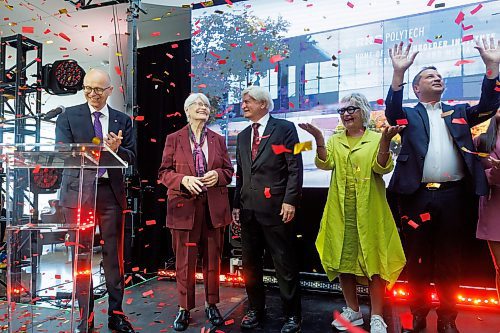 MIKE DEAL / FREE PRESS
Walter and Maria Schroeder are showered with confetti after the announcement of their $15 million donation in the RRC Polytech's Manitou a bi Bii daziigae building, Thursday morning.
The announcement launched the Schroeder Institute of Entertainment and Media Arts after the donation of $15 million from Walter and Maria Schroeder through the Schroeder Foundation.
(From left) Fred Meier, President and CEO of RRC Polytech, Maria and Walter Schroeder, Carole Vivier, CEO &amp; Film Commissioner for Manitoba Film &amp; Music, and Kirk Johnson, Dean, School of Business, Information Technology and Creative Arts.
240912 - Thursday, September 12, 2024.