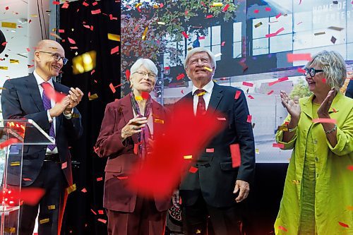 MIKE DEAL / FREE PRESS
Walter and Maria Schroeder are showered with confetti after the announcement of their $15 million donation in the RRC Polytech's Manitou a bi Bii daziigae building, Thursday morning.
The announcement launched the Schroeder Institute of Entertainment and Media Arts after the donation of $15 million from Walter and Maria Schroeder through the Schroeder Foundation.
(From left) Fred Meier, President and CEO of RRC Polytech, Maria and Walter Schroeder, and Carole Vivier, CEO &amp; Film Commissioner for Manitoba Film &amp; Music.
240912 - Thursday, September 12, 2024.