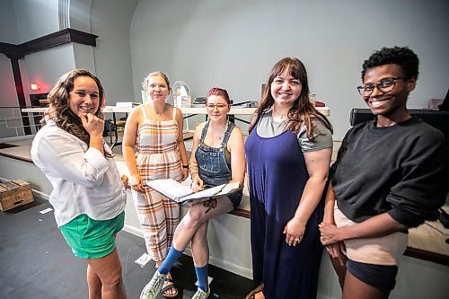 MIKAELA MACKENZIE / WINNIPEG FREE PRESS

Director Erin McGrath (left), assistant stage manager Kyra Krassnigg, stage manager Sarah Lamoureux, music director Renate Rossol, and choreographer Rachael McLaren on Thursday, Sept. 12, 2024. An all-woman cast and crew are behind the upcoming Winnipeg Studio Theatre-Rainbow Stage presentation of Miss Shakespeare.

For arts story.
Winnipeg Free Press 2024