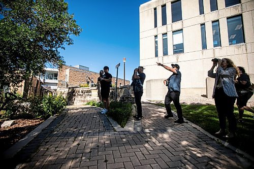 MIKAELA MACKENZIE / WINNIPEG FREE PRESS

Co-founder Justin Rasmussen (centre) points out bald eagles during the University of Manitoba Indigenous Birding Club&#x573; weekly birding walk on Friday, Aug. 30, 2024. 

For Eva story.
Winnipeg Free Press 2024