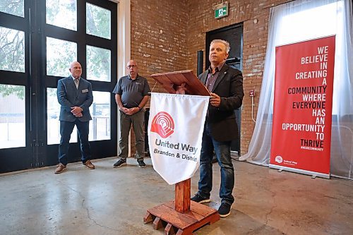 United Way of Brandon & District board chair Kevin Bailey introduces the 2024 United Way Campaign chair, Barry Cooper, during a kickoff event at The FireHouse Event Venue on Princess Avenue on Friday morning. This year's announced goal is $700,000. (Matt Goerzen/The Brandon Sun)