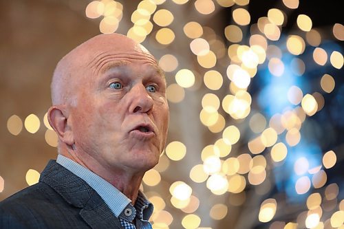 Barry Cooper, chair of the 2024 United Way of Brandon & District Campaign, announces this year's goal of $700,000 during a kick-off event at The Firehouse Event Venue on Friday morning. (Matt Goerzen/The Brandon Sun)