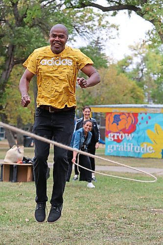 Jairo Nosquer from Colombia attempts to jump rope during a free community barbecue at Stanley Park on Tuesday, part of a Welcoming Week event hosted by the Brandon Local Immigration Partnership. (Matt Goerzen/The Brandon Sun)