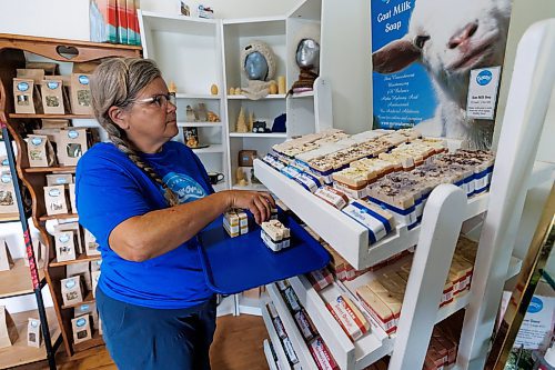 MIKE DEAL / FREE PRESS
Owner-manager Louise May restocks the shelves with some of the soaps in the shop. 
Aurora Farm in St. Norbert is celebrating its 20th anniversary this weekend by inviting the public to visit and enjoy tours of the farm and various workshops.
They run the 160-acre farm&#x2019;s operations, which include producing 10,000 bars of goat milk soap a year; running a summer camp so youth can learn about farming; hosting a diversity of programs to facilitate the building of traditional agrarian skills; and offering baby goat yoga, which attracts thousands of visitors annually.
240913 - Friday, September 13, 2024.