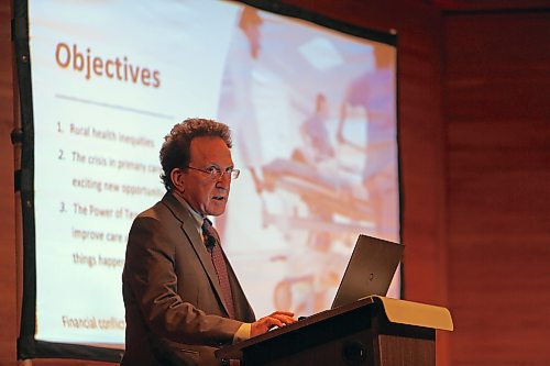 CBC Radio host Dr. Brian Goldman gives a talk about rural health care as part of Brandon University's J.R.C. Evans Lectureship on Saturday at the Lorne Watson Recital Hall. (Colin Slark/The Brandon Sun)