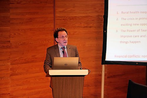 CBC Radio host Dr. Brian Goldman gives a talk about rural health care as part of Brandon University's J.R.C. Evans Lectureship on Saturday at the Lorne Watson Recital Hall. (Colin Slark/The Brandon Sun)