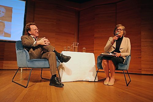 CBC Radio host Dr. Brian Goldman (left) participates in a Q&amp;A led by Dr. Barbara MacKalski (right) of the Brandon Clinic after giving a lecture at Brandon University's Lorne Watson Recital Hall on Saturday. (Colin Slark/The Brandon Sun)