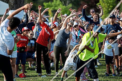 JOHN WOODS / FREE PRESS
Participants get warmed up prior to the Terry Fox Run in Assiniboine Park Sunday, September 15, 2024. 

Reporter: tyler