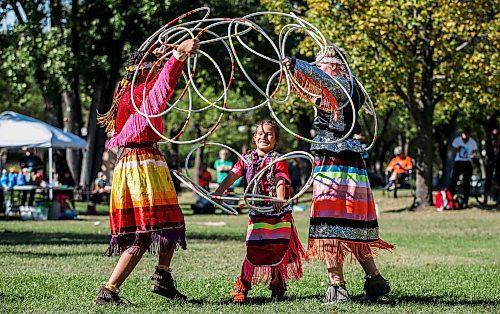 JOHN WOODS / FREE PRESS
Hoop-dancing sisters, from left, Charisma, Makiyah and Kimberly perform at the We Are All Treaty People celebration at the Forks Sunday, September 15, 2024. The event is intended to celebrate the signing of treaties and the relationship between cultures.

Reporter: s/u