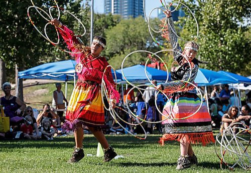 JOHN WOODS / FREE PRESS
Hoop-dancing sisters Charisma, left, and Kimberly Mason perform at the We Are All Treaty People celebration at the Forks Sunday, September 15, 2024. The event is intended to celebrate the signing of treaties and the relationship between cultures.

Reporter: s/u