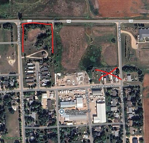 A bird's eye view surrounding the trailer courts and Western Archrib. An exchange of land plots between the company and the municipality of Boissevain-Morton will send the eastern trailer court to a new space above the west court. (Photo: Google Maps, edited by The Brandon Sun)