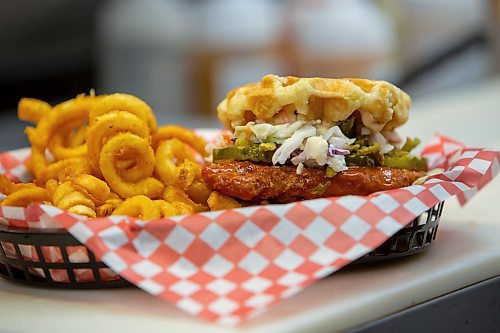 BROOK JONES / FREE PRESS
A Hot Honey Wafflewich is pictured at Blazing Chicken Shack at 392 Graham Ave., in Winnipeg, Man., Monday, Sept. 16, 2024. A grand opening for the local downtown restaurant was held Friday, Sept. 13, 2024.