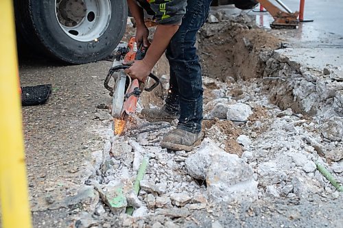 BROOK JONES / FREE PRESS
Despite a rainy morning, pipe layer Andrew Bevilacqua who is with Cambrian Excavators LTD., lets the sparks fly as he cuts rebar during a land drainage (stormwater sewer) system repair at the corner of Pembina Highway and Adamar Road in Winnipeg, Man., Monday, Sept. 16, 2024.