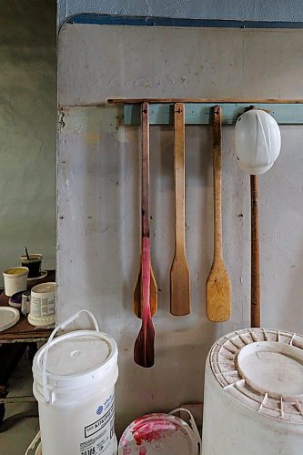 MIKE DEAL / FREE PRESS
Old wooden paddles that would have been used to stir popcorn.
Nutty Club popcorn making facility at 132 Portage Avenue East, where everything is getting ready to be put up for auction.
240910 - Tuesday, September 10, 2024.