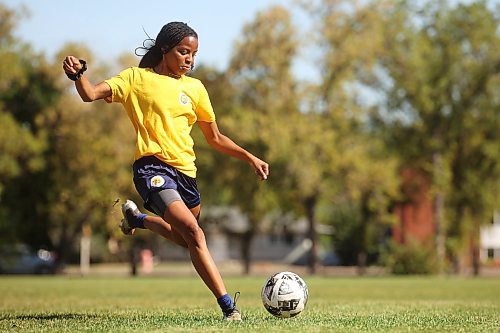 17092024
Keashae Masters takes a shot on net while practicing with Brandon Bobcats teammate Victoria Gonzalez on Tuesday afternoon at the BU soccer field, hours before the Bobcats team practice. 
(Tim Smith/The Brandon Sun)