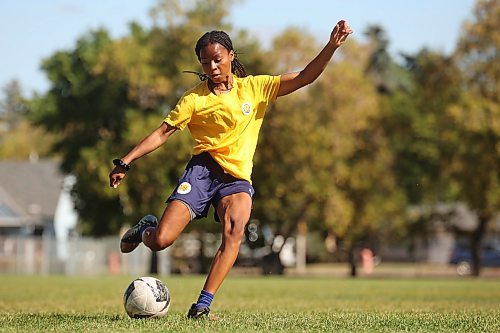 17092024
Keashae Masters takes a shot on net while practicing with Brandon Bobcats teammate Victoria Gonzalez on Tuesday afternoon at the BU soccer field, hours before the Bobcats team practice. 
(Tim Smith/The Brandon Sun)