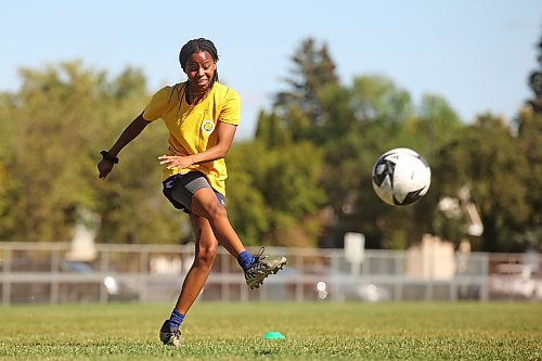 17092024
Keashae Masters takes a shot on net while practicing with Brandon Bobcats teammate Victoria Gonzalez on Tuesday afternoon at the BU soccer field, hours before the Bobcats team practice. 
(Tim Smith/The Brandon Sun)