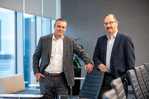 MIKAELA MACKENZIE / WINNIPEG FREE PRESS

Evan Johnston, Wawanesa's incoming president and CEO (left), and Jeff Goy, Wawanesa Insurance's current president and CEO, at their Winnipeg headquarters on Wednesday, Sept. 18, 2024.

For Gabby story.
Winnipeg Free Press 2024