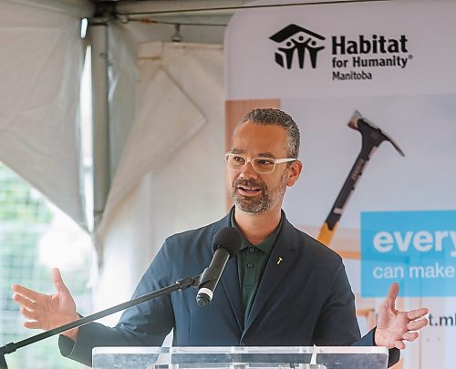 MIKE DEAL / FREE PRESS
Pedro Barata president and CEO of Habitat for Humanity Canada speaks during a ceremony where Habitat for Humanity Manitoba handed over keys to the first fifteen of 55 families that will be living in the Pandora Avenue West development in Transcona. 
Reporter: Aaron Epp
240918 - Wednesday, September 18, 2024.