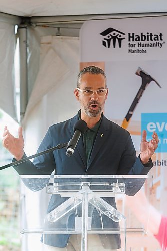 MIKE DEAL / FREE PRESS
Pedro Barata president and CEO of Habitat for Humanity Canada speaks during a ceremony where Habitat for Humanity Manitoba handed over keys to the first fifteen of 55 families that will be living in the Pandora Avenue West development in Transcona. 
Reporter: Aaron Epp
240918 - Wednesday, September 18, 2024.