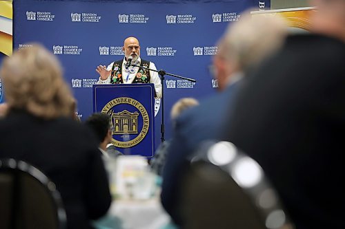 Manitoba Métis Federation Housing Minister Will Goodon addresses the Brandon Chamber of Commerce at the Clarion Hotel in Brandon on Thursday. (Connor McDowell/Brandon Sun)