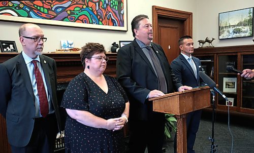 Ruth Bonneville / Free Press

Local - NDP Bushie and members

NDP MLA, Ian Bushie Keewatinook. Minister of Municipal and Northern Relations,  makes a statement to the media and answers  questions in his office at the Legislative Building Thursday.  

Other NDP MLA's stand next to him and also make comments regarding the removal of  Mark Wasyliw from party earlier this week, including: 
Caucus Chair, MLA Mike Moyes, 
Billie Cross Seine River,
Mike Moroz  River Heights 


Sept 18th,  2024L