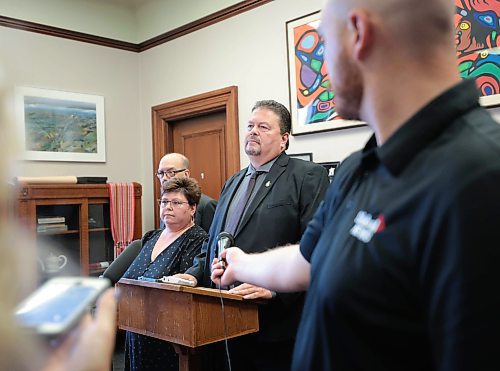 Ruth Bonneville / Free Press

Local - NDP Bushie and members

NDP MLA, Ian Bushie Keewatinook. Minister of Municipal and Northern Relations,  makes a statement to the media and answers  questions in his office at the Legislative Building Thursday.  

Other NDP MLA's stand next to him and also make comments regarding the removal of  Mark Wasyliw from party earlier this week, including: 
Caucus Chair, MLA Mike Moyes, 
Billie Cross Seine River,
Mike Moroz  River Heights 


Sept 18th,  2024L