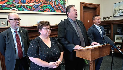 Ruth Bonneville / Free Press

Local - NDP Bushie and members

NDP MLA, Ian Bushie Keewatinook. Minister of Municipal and Northern Relations,  makes a statement to the media and answers  questions in his office at the Legislative Building Thursday.  

Other NDP MLA's stand next to him and also make comments regarding the removal of  Mark Wasyliw from party earlier this week, including: 
Caucus Chair, MLA Mike Moyes, 
Billie Cross Seine River,
Mike Moroz  River Heights 


Sept 18th,  2024L