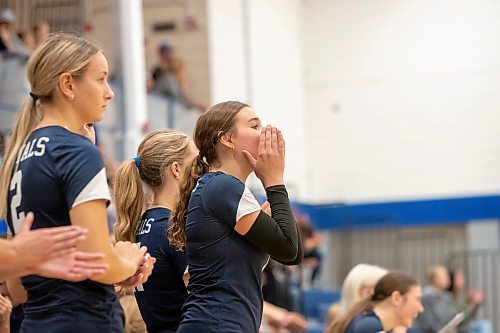 BROOK JONES / FREE PRESS
The Lord Selkirk Royals varsity girls volleyball team plays host to the visiting Mennonite Brethren Hawks in KPAC Tier 1 volleyball action at the Sellkirk Comp in Selkirk, Man., Wednesday, Sept. 18, 2024. Pictured: Selkirk Royals Kennedy Carey cheers on her teammates.