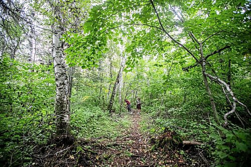 MIKAELA MACKENZIE / WINNIPEG FREE PRESS

Lockport School grade nine students Kasey Forman (left) and Sam Caslake walk the trail at the grand opening of Lord Selkirk School Division&#x573; Albert Beach Trail field trip site on Thursday, Sept. 19, 2024.

For Maggie story.
Winnipeg Free Press 2024