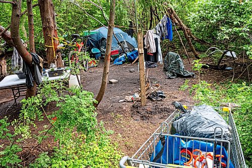 NIC ADAM / FREE PRESS
The encampment on D&#x2019;arcy drive Wednesday afternoon. Street Links and Main Street Project are at odds over the encampment.
240703 - Wednesday, July 03, 2024.

Reporter: Nicole