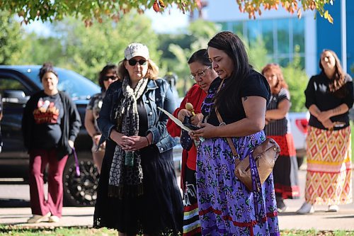 Lisa Noctor speaks to the group at Grandmother's Walk 2024, an event organized to raise awareness about sexual exploitation of youth. (Connor McDowell/Brandon Sun)