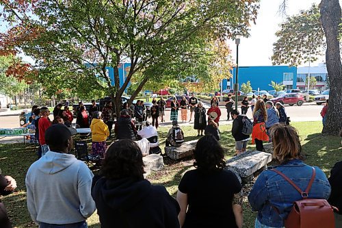 People gather in Princess Park on Friday morning for the Grandmother's Walk 2024. The walk is organized to raise awareness about sexual exploitation of youth. (Connor McDowell/Brandon Sun)