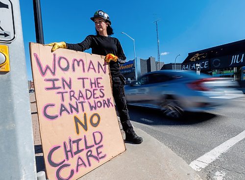 MIKE DEAL / FREE PRESS
Arleen Kehler, a single mom in the trades says she was forced to leave her job earlier this year and go on EIA because she wasn&#x2019;t able to find accessible care before and after school for her three kids. She said she gets so frustrated, she&#x2019;s gone out on Portage with her hard hat and a sign that says women in trades can&#x2019;t work. 
Reporter: Malak Abas
240920 - Friday, September 20, 2024.