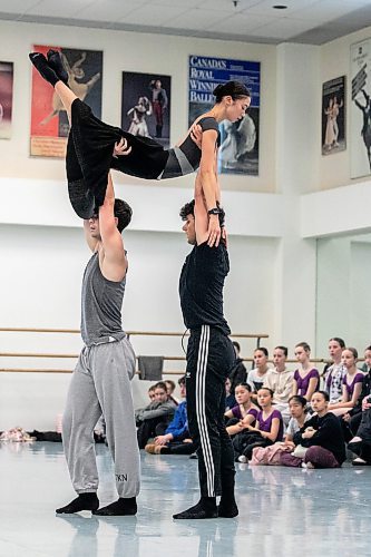 MIKAELA MACKENZIE / WINNIPEG FREE PRESS

Royal Winnipeg Ballet dancers Tymin Keown (left), Kyra Soo (top), and Logan Savard rehearse &#x161;&#x25b;gat&#x259;m on Friday, Sept. 20, 2024. Choreographed by Cameron sink&#x2b7;&#x259; Fraser-Monroe, the piece will premiere at New York&#x2019;s Fall for Dance Festival next week.

For &#x2014; story.
Winnipeg Free Press 2024