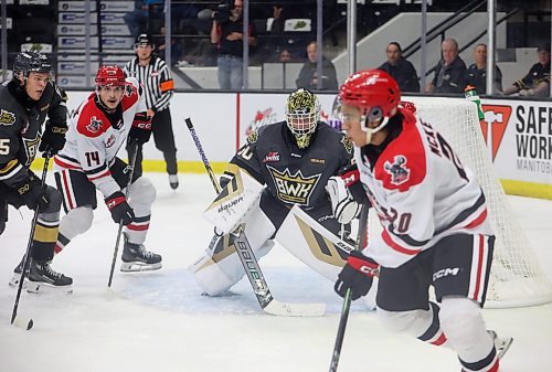 20092024
Netminder Ethan Eskit #50 of the Brandon Wheat Kings eyes the puck during a powerplay by the Moose Jaw Warriors in the first period of the Wheaties WHL home-opener at Westoba Place on Friday evening. 
(Tim Smith/The Brandon Sun)