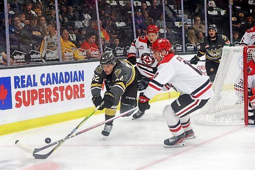 20092024
Nicholas Johnson #62 of the Brandon Wheat Kings jousts for the puck with Connor Schmidt #10 of the Moose Jaw Warriors during the first period of the Wheaties WHL home-opener at Westoba Place on Friday evening. 
(Tim Smith/The Brandon Sun)