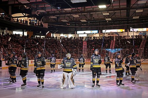 20092024
The Brandon Wheat Kings stand at centre ice during the opening ceremonies for their WHL home-opener against the Moose Jaw Warriors at Westoba Place on Friday evening. 
(Tim Smith/The Brandon Sun)