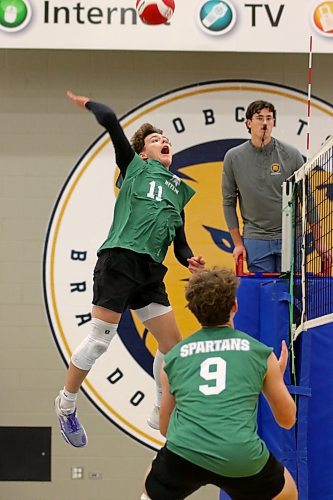 Neelin Spartans Lucas Gamache attacks during the Brandon University varsity boys' volleyball tournament final against the Dauphin Clippers at the HLC on Saturday. (Thomas Friesen/The Brandon Sun)