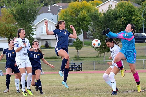 Brandon University Bobcat Shanti Church (3) isn't quite able to redirect a free kick past Providence Pilots goalkeeper Blake Foster during their MCAC women's soccer game at the Sportsplex field on Saturday. The Pilots won 1-0. The game was moved due to unplayable conditions at the Healthy Living Centre field following heavy rainfall. (Thomas Friesen/The Brandon Sun)