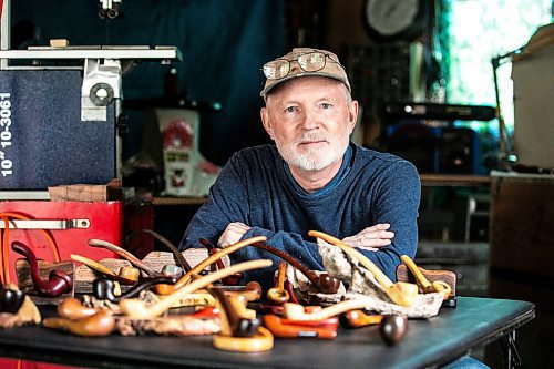 MIKAELA MACKENZIE / WINNIPEG FREE PRESS
	
Jeff Nelson, who makes wooden pipes for pot smokers, with finished pipes in his garage workshop on Monday, Sept. 23, 2024. 

For AV story.
Winnipeg Free Press 2024