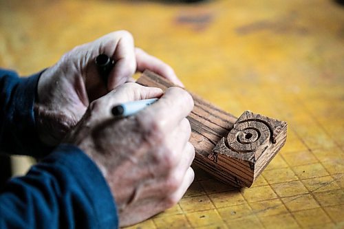 MIKAELA MACKENZIE / WINNIPEG FREE PRESS
	
Jeff Nelson, who makes wooden pipes for pot smokers, works on marking out the basic shape for a pipe in his garage workshop on Monday, Sept. 23, 2024. 

For AV story.
Winnipeg Free Press 2024