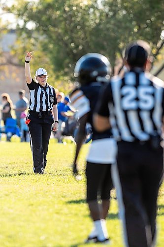 MIKAELA MACKENZIE / WINNIPEG FREE PRESS
	
La Salle&#x2019;s Kennedy Molloy officiates a game between John Taylor and Portage Collegiate at John Taylor High School field on Friday, Sept. 20, 2024. 

For sports story.
Winnipeg Free Press 2024