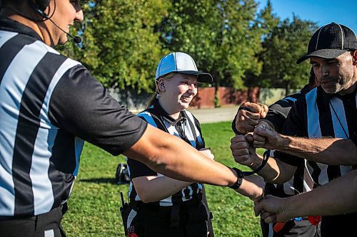 MIKAELA MACKENZIE / WINNIPEG FREE PRESS
	
La Salle&#x2019;s Kennedy Molloy officiates a game between John Taylor and Portage Collegiate at John Taylor High School field on Friday, Sept. 20, 2024. 

For sports story.
Winnipeg Free Press 2024