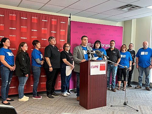 Manitoba Government and General Employees’ Union president Kyle Ross announces a potential strike date during a news conference in Winnipeg on Tuesday. (Malak Abas/Winnipeg Free Press)