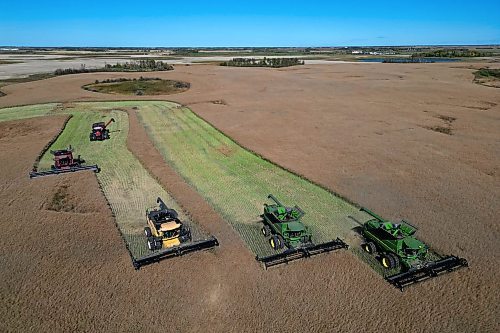 Four combines and a grain cart work to harvest 125 acres of canola near Oakden as part of the fourth annual Acres for Hamiota community harvest west of Hamiota on a sunny Tuesday. See story on Page A3. (Tim Smith/The Brandon Sun)