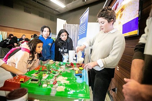 MIKAELA MACKENZIE / WINNIPEG FREE PRESS
	
Kathryn Gibb demonstrates how watersheds and wetlands work to grade six students Leah Bannerman (left), Tinleigh Kennedy, and Aaliyah Maxfield-Ross during the Amazing Agriculture Adventure (a four-day event immersing Manitoba students into the world of agriculture) at the Bruce D. Campbell Farm &amp; Food Discovery Centre on Tuesday, Sept. 24, 2024. 

For Aaron Epp story.
Winnipeg Free Press 2024