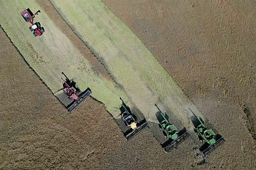 05092024
Four combines and a grain cart work to harvest 125 acres of canola near Oakden, Manitoba as part of the fourth annual Acres for Hamiota community harvest west of Hamiota on a sunny Tuesday. Acres for Hamiota raises money for community projects and organizations and this year all the machinery for the harvest was operated by women to highlight the important role women play in agriculture. The harvest was preceded by a picnic lunch.
Tim Smith/The Brandon Sun)